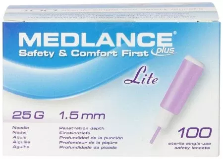 Cambridge Sensors USA Lancet Medlance Fixed Depth Lancet Needle 1.5 mm Depth 25 Gauge Push Button Activated - M-874659-4988 | Case of 2000