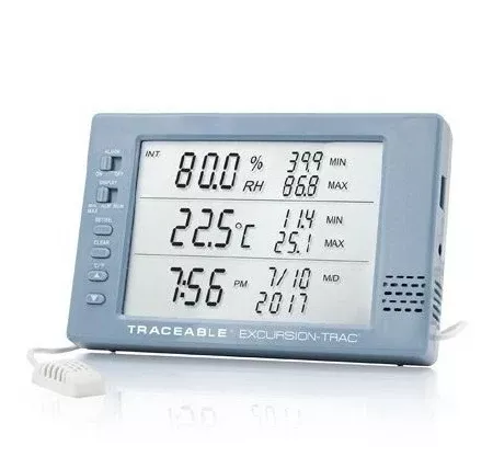 Cole-Parmer Inst. Datalogging Hygrometer with Alarm Traceable Excursion-Trac™ Fahrenheit / Celsius 32° to 145°F (0° to 65°C) External Probe Multiple Mounting Options Battery Operated - M-1091211-44 - Each