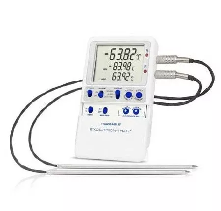Cole-Parmer Inst. Datalogging Thermometer with Alarm Traceable Excursion-Trac™ Celsius -90° to +105°C 2 Stainless Steel Probes / Platinum Sensors Multiple Mounting Options Battery Operated - M-1091210-1763 - Each
