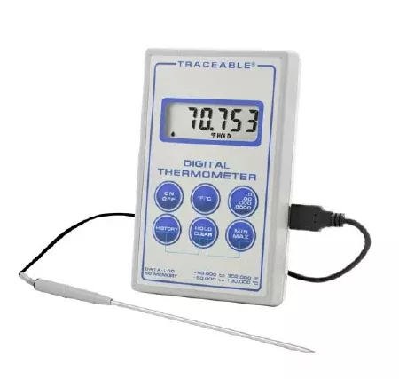 Cole-Parmer Inst. Digital Laboratory Thermometer Traceable Fahrenheit / Celsius -58° to +302°F (-50° to +150°C) Stainless Steel Probe Multiple Mounting Options Battery Operated - M-974437-3747 - Each