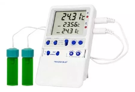 Cole-Parmer Inst. Digital Refrigerator / Freezer Thermometer with Alarm Traceable Hi-Accuracy Fahrenheit / Celsius -58° to +158°F (-50° to +70°C) 2 Bottle Probes Multiple Mounting Options Battery Operated - M-982929-3353 - Each