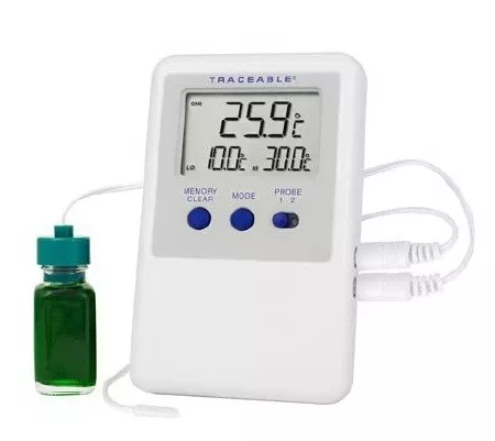 Cole-Parmer Inst. Digital Refrigerator / Freezer Thermometer with Alarm Traceable Ultra™ Fahrenheit / Celsius -58° to +158°F (-50° to +70°C) 2 Bottle Probes Multiple Mounting Options Battery Operated - M-985171-1638 - Each