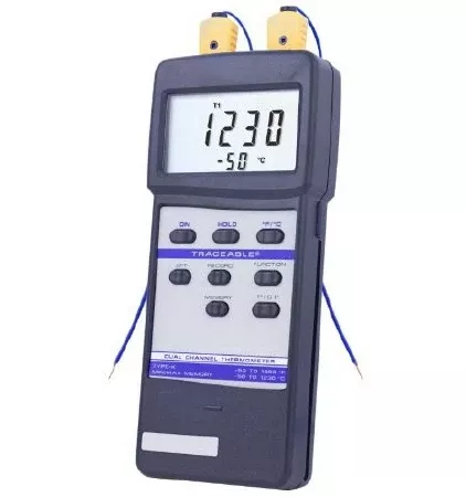 Cole-Parmer Inst. Digital Thermometer Traceable Dual Channel Fahrenheit / Celsius -50° to 1999°F (-50° to 1230°C) Type K Beaded Probe Handheld Battery Operated - M-1052768-1818 - Each