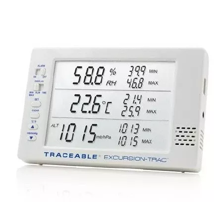 Cole-Parmer Inst. Hygrometer / Temperature Data Logger with Alarm Traceable Excursion-Trac Fahrenheit / Celsius 32° to 145°F (0 to 65°C) Internal Sensor Multiple Mounting Options Battery Operated - M-1081856-4307 | Each
