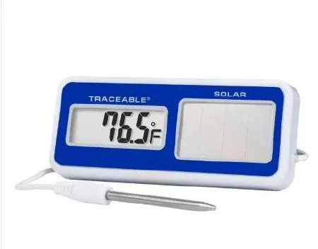 Cole-Parmer Inst. Solar Powered Thermometer Traceable Fahrenheit / Celsius -58° to +140°F (-50° to +60°C) Stainless Steel Probe Solar Power / Battery Backup - M-1079575-4596 - Each