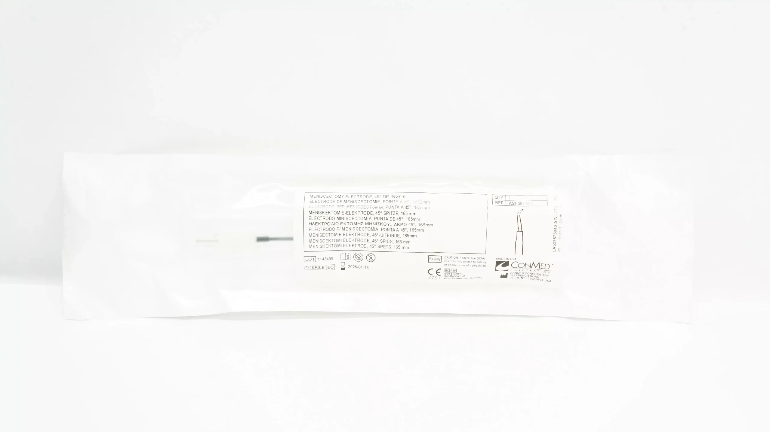 ConMed A53-357-504 Meniscectomy Electrode, 45 Degree Tip, 165mm