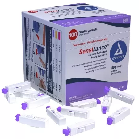 Dynarex Lancet SensiLance Safety Lancet Needle 1.8 mm Depth 28 Gauge Push Button Activated - M-950463-4882 | Box of 100
