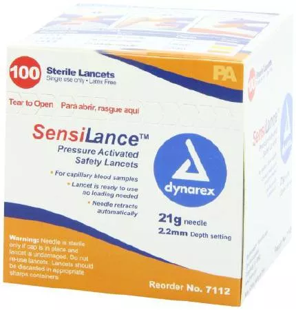Dynarex Lancet SensiLance Safety Lancet Needle 2.2 mm Depth 21 Gauge Push Button Activated - M-980635-4489 | Box of 100