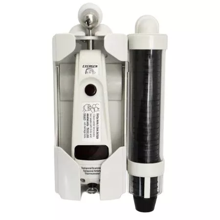 Exergen Keyless Locking Wall Mount Exergen Holder plus integrated cap dispenser shown with caps For TAT-5000 Temporal Thermometer and Caps - M-526000-4865 | Each