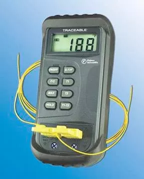 Fisher Scientific Digital Laboratory Thermometer Fisher Scientific™ Traceable Fahrenheit / Celsius -58° to +1999°F (-50° to +1300°C) 2 Type K Beaded Probes Handheld / Desk Mount Battery Operated - M-581510-3340 - Each