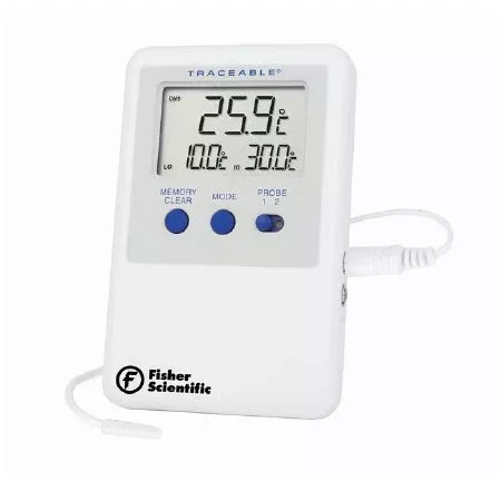 Fisher Scientific Digital Refrigerator / Freezer Thermometer with Alarm Fisherbrand™ Traceable Refrigerator/Freezer Ultra™ Fahrenheit / Celsius -58° to +158°F (-50° to +70°C) Bullet Probe Battery Operated - M-970976-2748 - Each