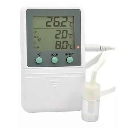 Fisher Scientific Digital Refrigerator / Freezer Thermometer with Alarm Thermco Fahrenheit / Celsius -58° to +158°F (-50° to +70°C) Vaccine Bottle Probe Flip-out Stand / Wall Mount Battery Operated - M-930298-3368 - Each