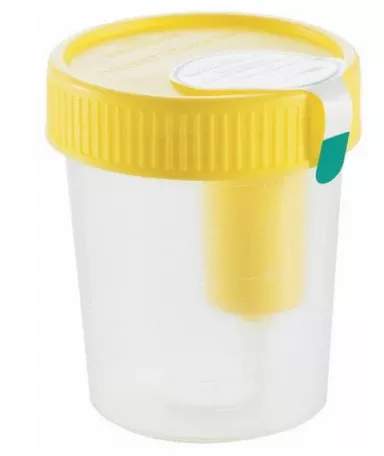 Fisher Scientific Urine Specimen Container with Integrated Transfer Device Polyethylene 100 mL (3.4 oz.) Screw Cap Unprinted Sterile - M-1136653-1951 - Case of 200