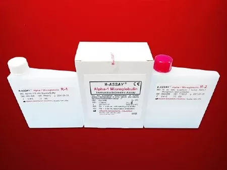 Kamiya Biomedical Company Reagent Kit K-ASSAY Immunochemistry / Immunodiagnostic Assay α1-Microglobulin For Automated Clinical Chemistry Analyzers 277 (Serum), 400 (Urine) Tests R1 Buffer: 1 X 50 mL, R2 Antibody: 1 X 50 mL - M-1102214-1074 | Box of 1