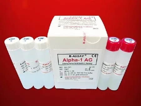 Kamiya Biomedical Company Reagent Kit K-ASSAY Immunodiagnostic / Specific Protein Test Alpha1-Acid Glycoprotein For Automated Clinical Chemistry Analyzers 280 Tests R1 Buffer: 3 X 20 mL, R2 Antibody: 2 X 7 mL - M-1102170-2993 | Box of 1