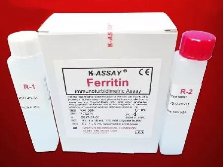 Kamiya Biomedical Company Reagent Kit K-ASSAY Nutritional Assessment / Anemia Assay Ferritin For use with Roche / Hitachi 917 or other Chemistry Analyzers 111 Tests R1 Buffer: 1 X 18 mL, R2 Antibody: 1 X 9 mL - M-996552-2681 | Each
