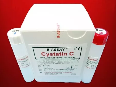 Kamiya Biomedical Company Reagent Kit K-ASSAY Renal / Specific Protein Test Cystatin C For Two-Reagent Automated Analyzers that use Multi-Point Calibration Method 200 Tests R1 Buffer: 2 X 10 mL, R2 Antibody: 2 X 10 mL - M-1102205-1685 | Box of 1
