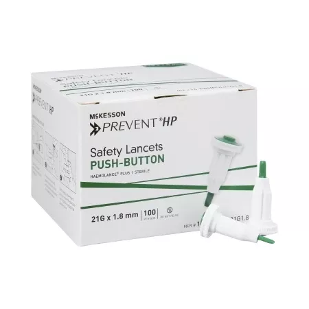 Lancet McKesson Prevent Fixed Depth Lancet Needle 1.8 mm Depth 21 Gauge Push Button Activated - M-1016300-2146 | Box of 100