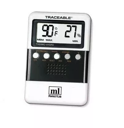 Market Lab Inc Digital Thermometer / Hygrometer Treaceable Fahrenheit / Celsius 32° to 122°F (0° to 50°C) Free-standing / Wall Mount Battery Operated - M-1032257-1873 - Each