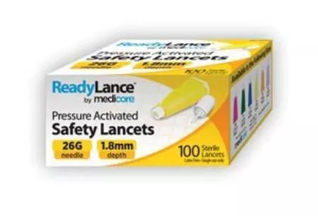 Medicore Medical Lancet ReadyLance Fixed Depth Lancet Needle 1.8 mm Depth 26 Gauge Push Button Activated - M-853623-2219 | Box of 100