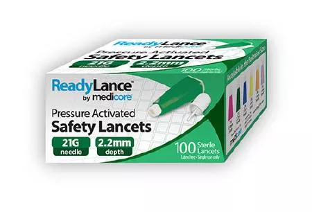Medicore Medical Lancet ReadyLance Fixed Depth Lancet Needle 2.2 mm Depth 21 Gauge Push Button Activated - M-926837-2118 | Box of 100