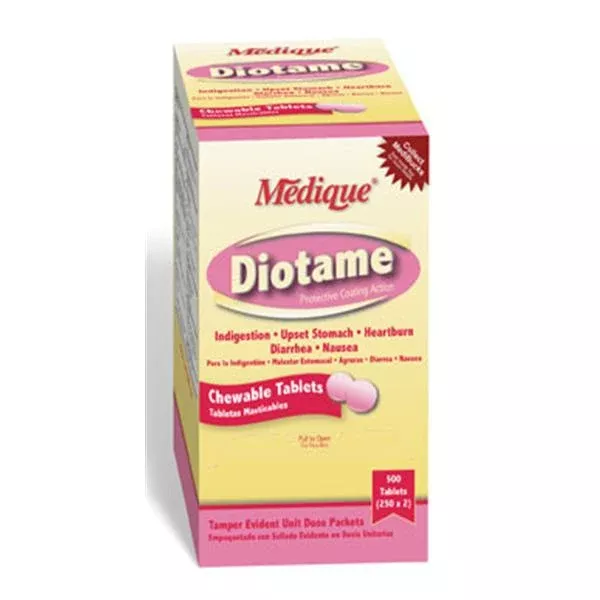 Medique Pharmaceuticals Diotame Antacid/Antidiarrhea Tablets 262mg 250X2, 12 EA/CA (22013)
