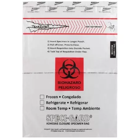 Minigrip Specimen Transport Bag with Document Pouch Speci-Gard 13 X 18 Inch Polyethylene Adhesive Closure Biohazard Symbol / Storage Instructions / Instructions for Use NonSterile - M-824846-3574 | Case of 500
