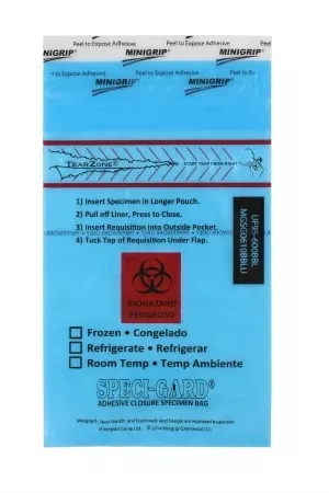 Minigrip Specimen Transport Bag with Document Pouch Speci-Gard 6 X 10 Inch Polyethylene Adhesive Closure STAT / Biohazard Symbol / Instructions for Use NonSterile - M-1054252-4195 - Case of 1000