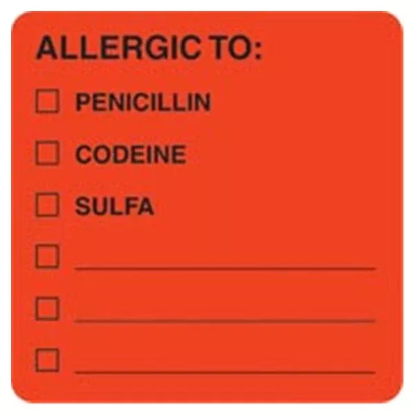 Office Supplies & Practice Mkt Chart Label-Allergic To:Fl Red 250/Rl