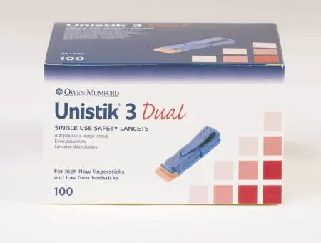 Owen Mumford Lancet Unistik Finger Stick Lancet Dual Max Flow Needle 1.8 mm Depth 18 Gauge Push Button Activated - M-495178-1460 | Box of 100