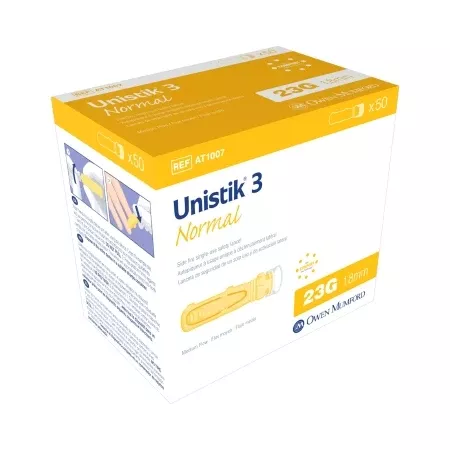 Owen Mumford Lancet Unistik Normal Flow Lancet Needle 1.8 mm Depth 23 Gauge Push Button Side Activated - M-570415-1918 | Box of 50
