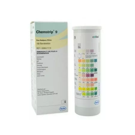 Roche Diagnostics Regent Strips Chemstrip9 Bilirubin, Blood, Glucose, Ketone, Leukocytes, Nitrite, pH, Protein, Urobilinogen 100 per Bottle - M-784889-2677 | Box of 100
