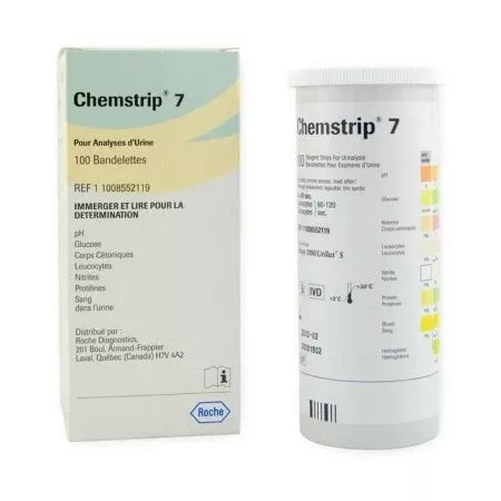 Roche Diagnostics Urinalysis Test Chemstrip Blood, Glucose, Ketone, Leukocytes, Nitrite, pH, Protein 100 per Bottle - M-466723-1590 | Case of 600